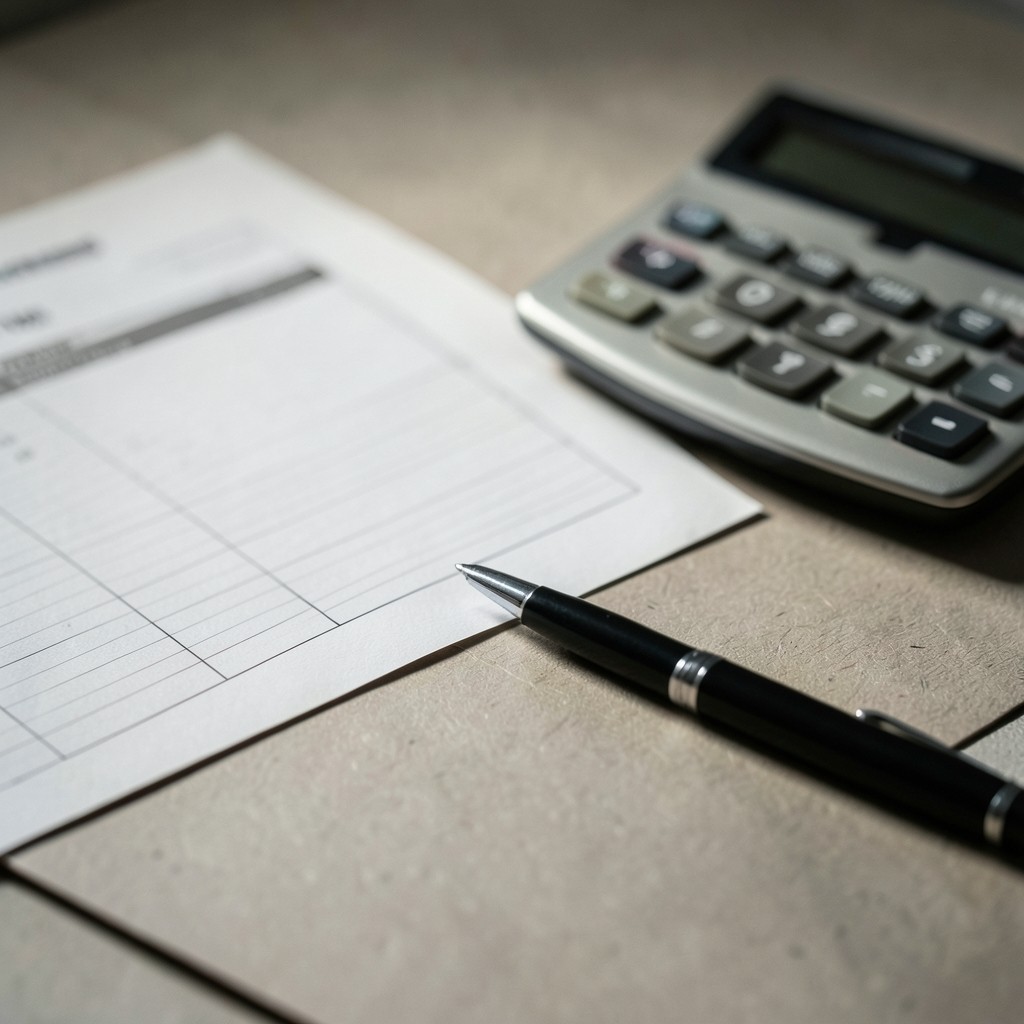 Tabla de liquidación laboral con calculadora y bolígrafo