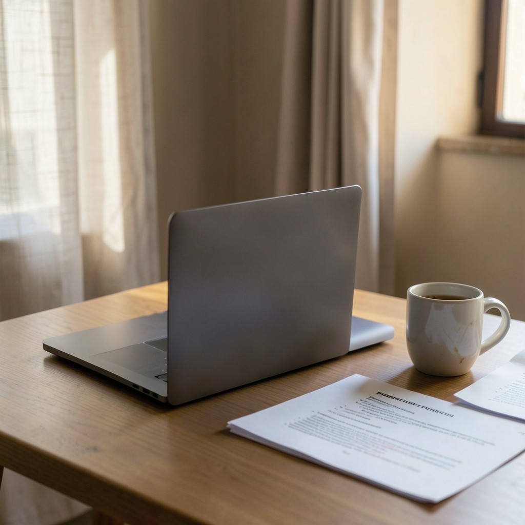 Espacio de trabajo en casa con portátil y documentos laborales