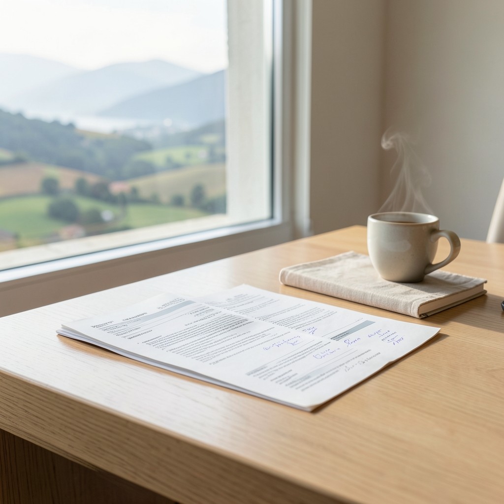 Escritorio de consulta laboral con contratos y notas manuscritas junto a una ventana luminosa